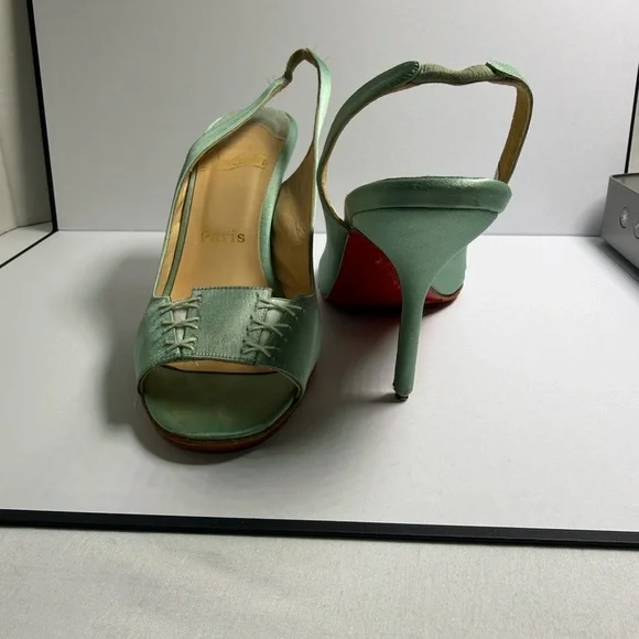 Christian Louboutin Red Bottom Teal Satin Slingback Peep Toe Heels Size 37.5 - Picture 4 of 11